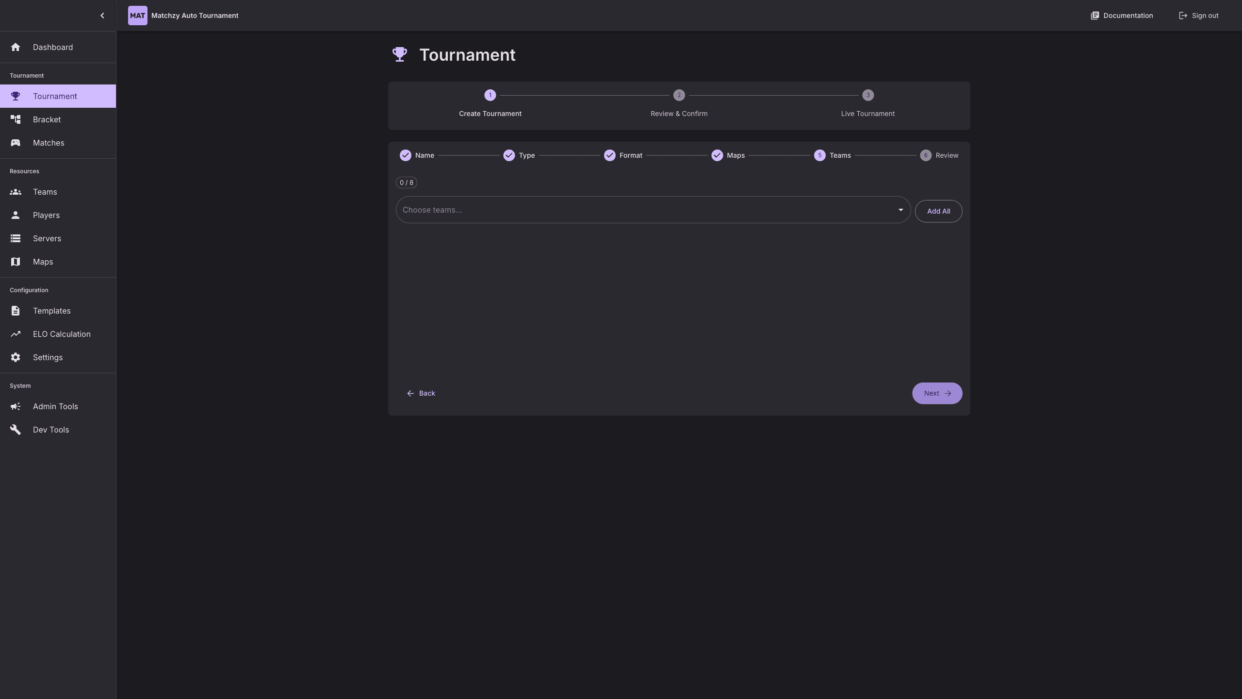 Tournament step teams