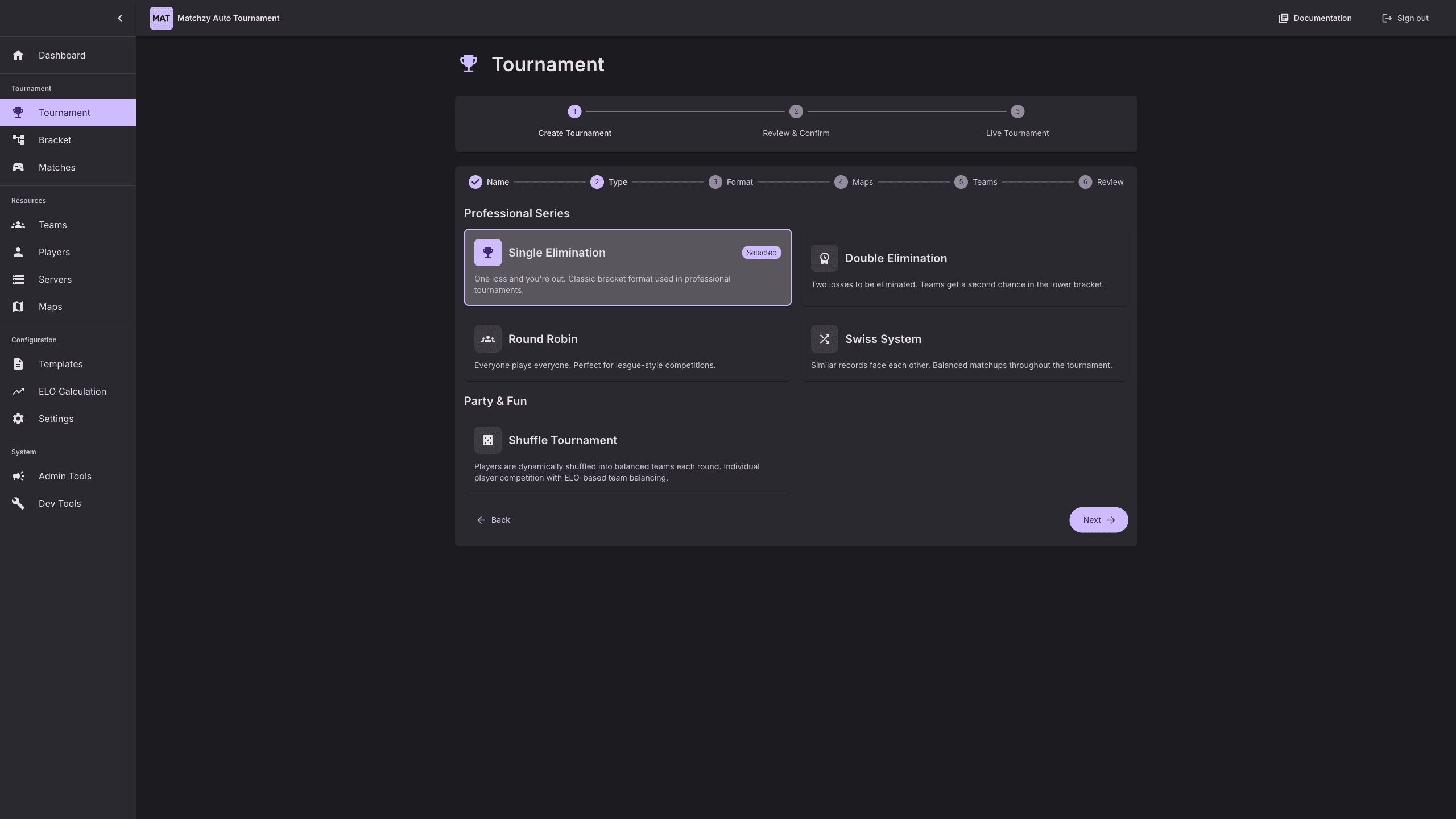 Tournament type single elimination